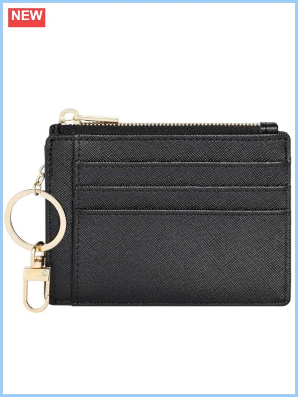 Slim Synthetic Leather Card Holder Wallet Keychain 6 Card Slots Zip Pocket